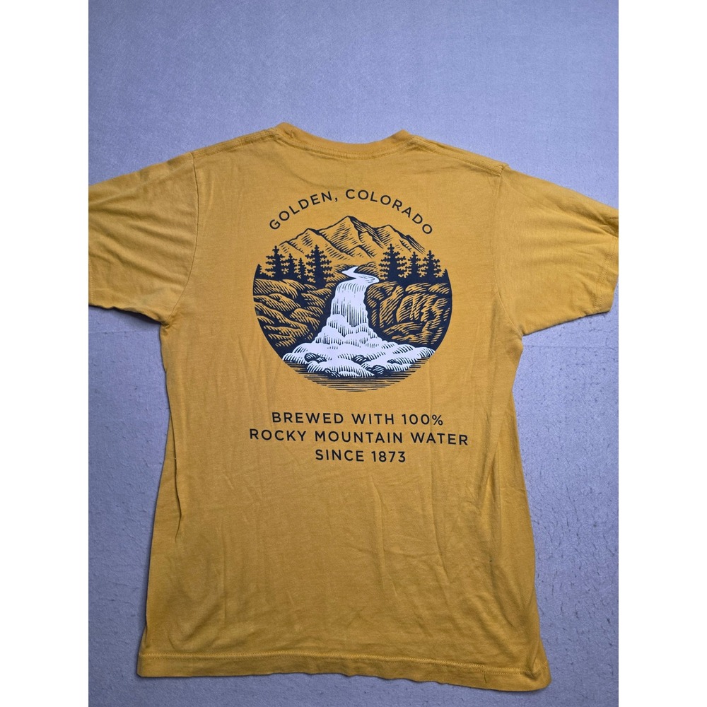 Tee Luv T-Shirt Mens Medium Mustard Coors Banquet Beer Golden Colorado Waterfall - Picture 2 of 7